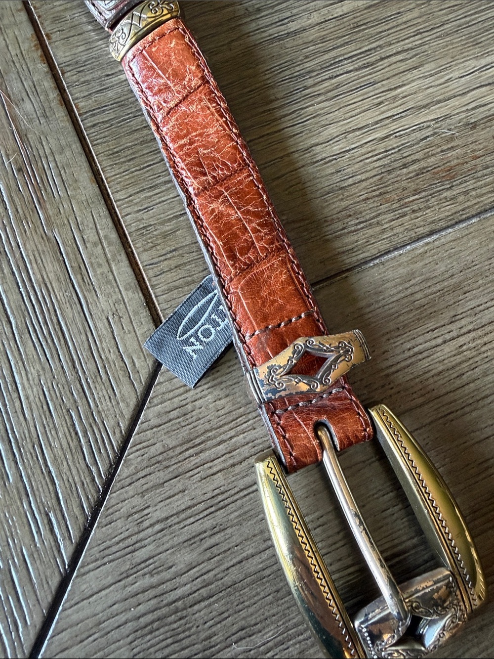 Brighton Cognac Brown Leather Belt with Gold Buckle and Silver Accents - Picture 5 of 8